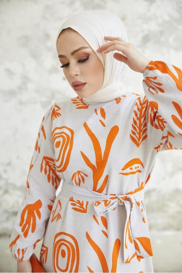   Desenli Keten Tesettür Elbise Oranj 2367