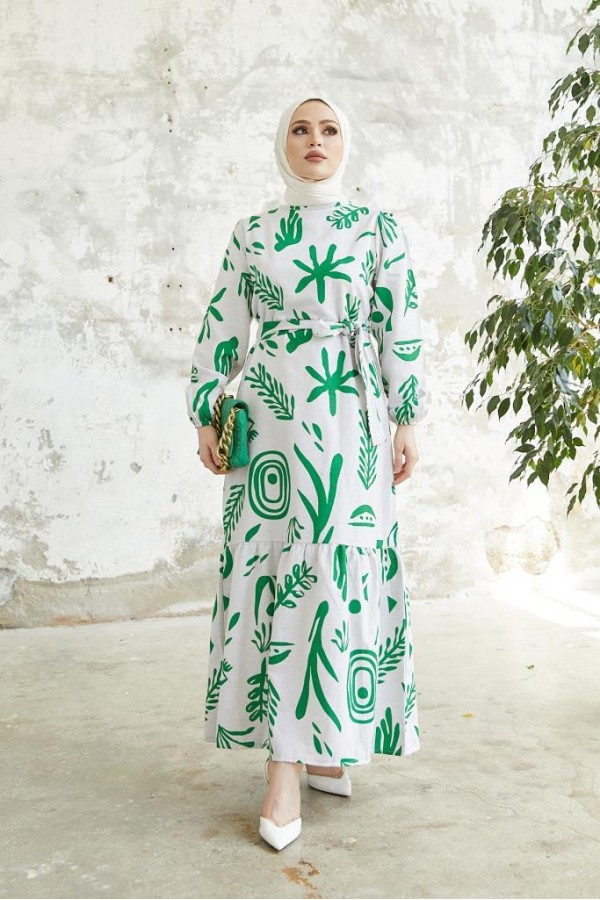   Desenli Keten Tesettür Elbise Yeşil 2367