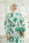   Desenli Keten Tesettür Elbise Yeşil 2367