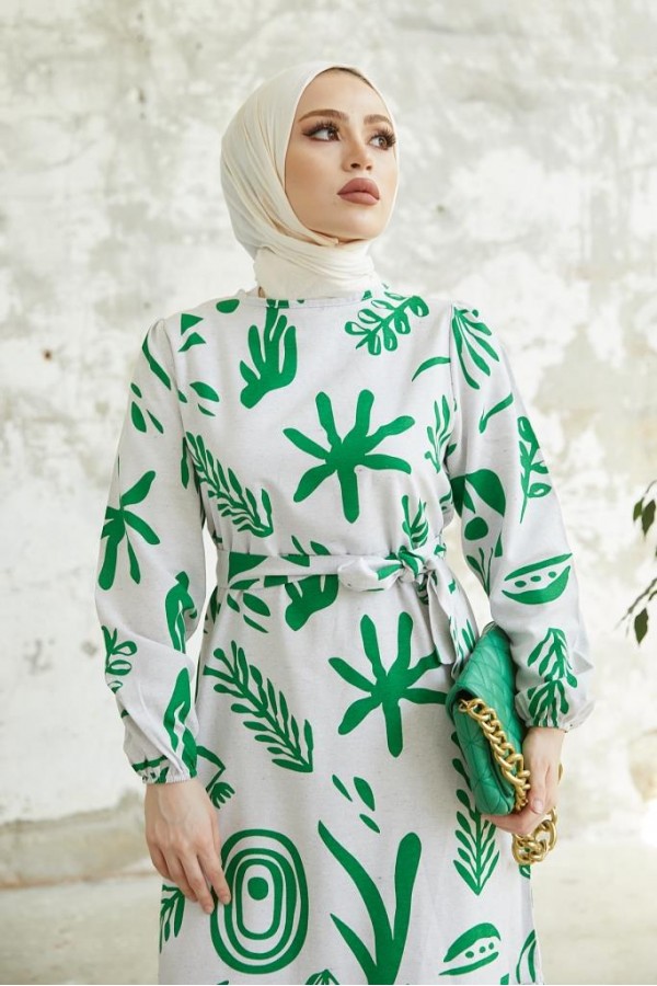   Desenli Keten Tesettür Elbise Yeşil 2367