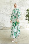   Desenli Keten Tesettür Elbise Yeşil 2367