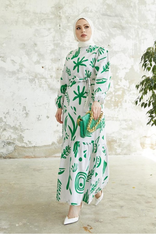   Desenli Keten Tesettür Elbise Yeşil 2367