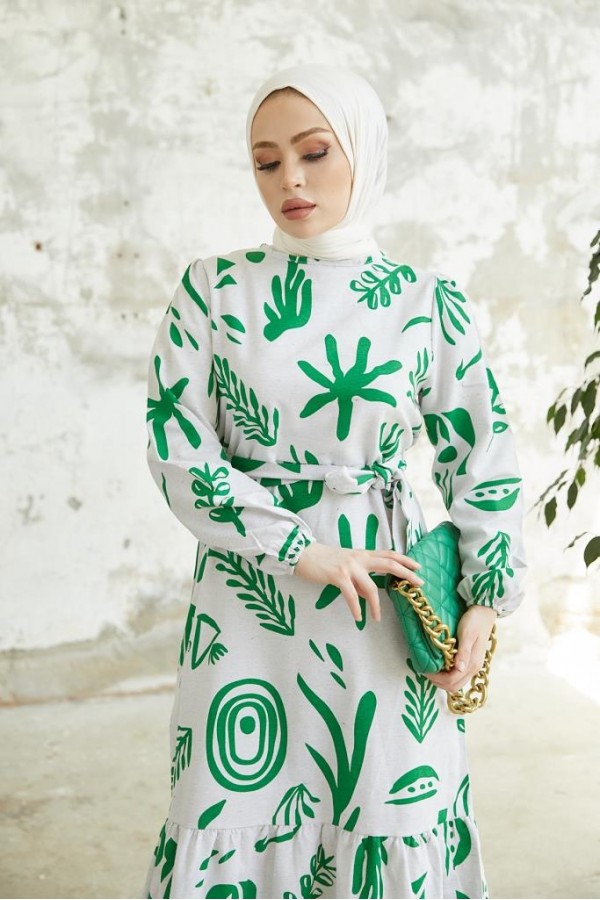   Desenli Keten Tesettür Elbise Yeşil 2367