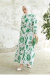   Desenli Keten Tesettür Elbise Yeşil 2367