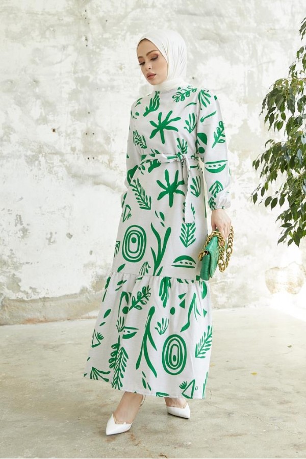   Desenli Keten Tesettür Elbise Yeşil 2367