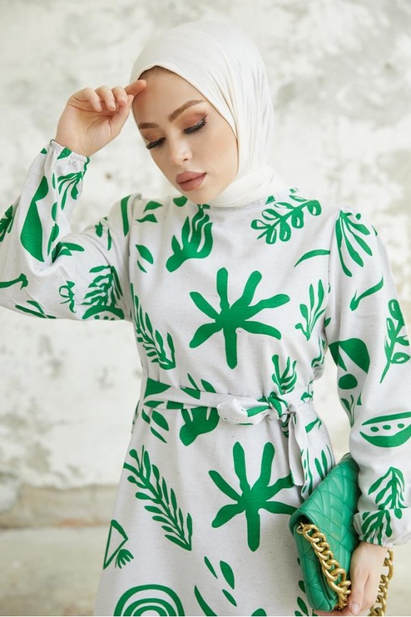   Desenli Keten Tesettür Elbise Yeşil 2367
