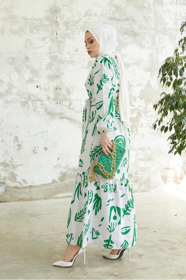   Desenli Keten Tesettür Elbise Yeşil 2367