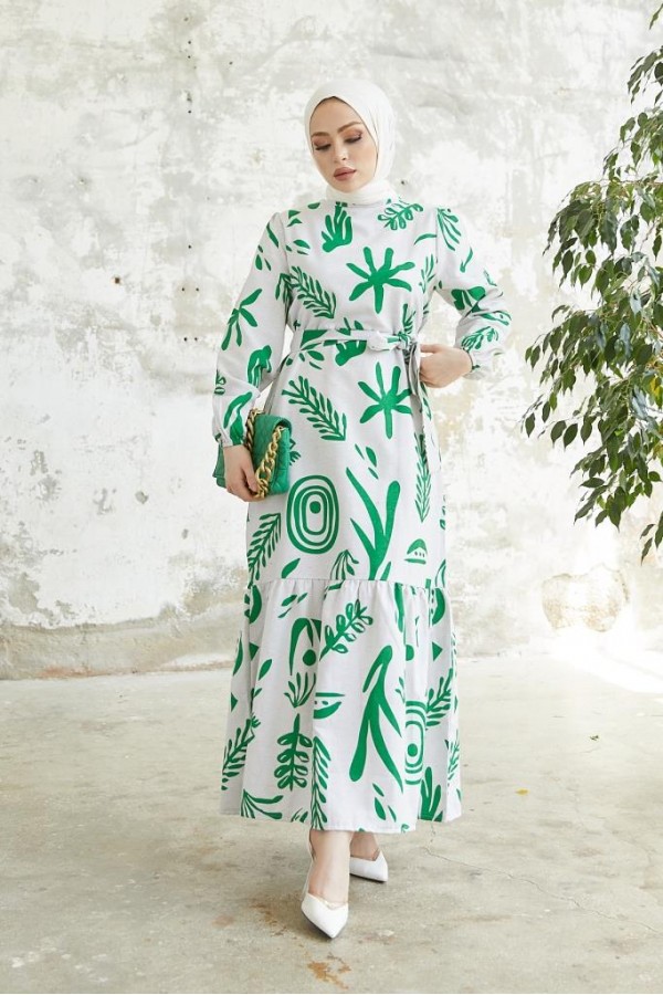   Desenli Keten Tesettür Elbise Yeşil 2367
