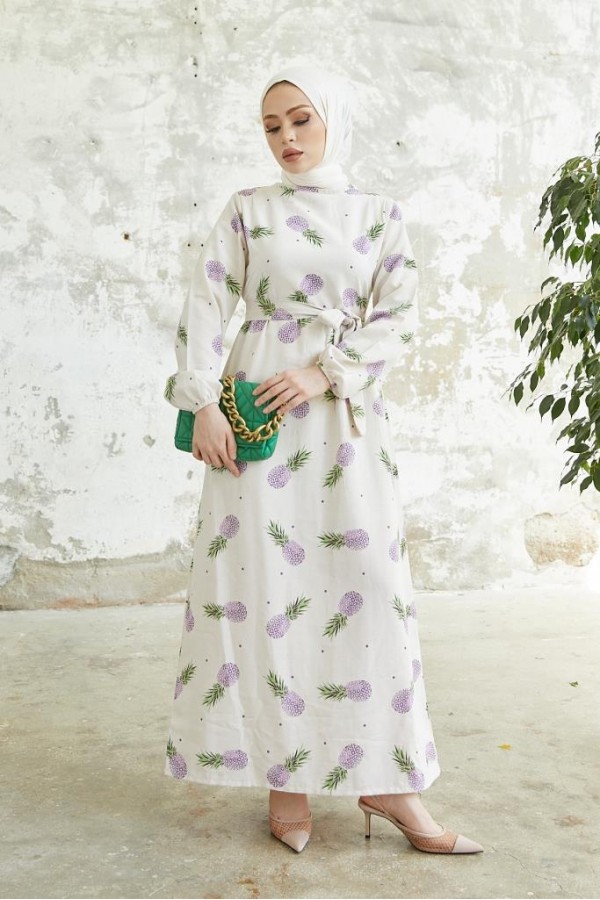  Desenli Keten Tesettür Elbise Lila 2515