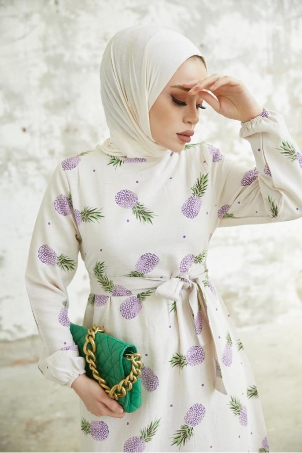  Desenli Keten Tesettür Elbise Lila 2515