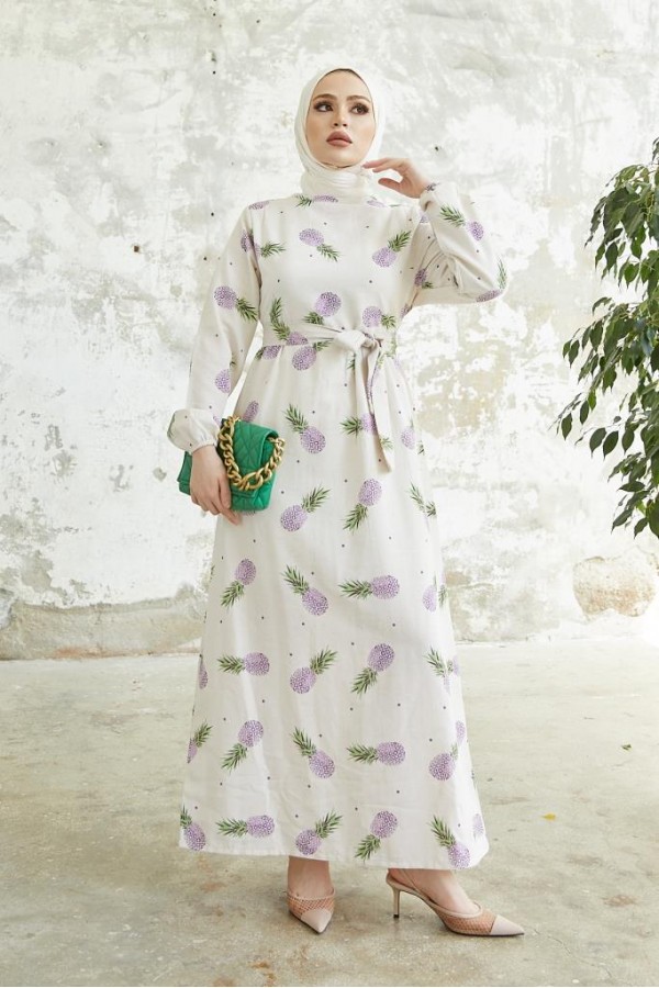  Desenli Keten Tesettür Elbise Lila 2515