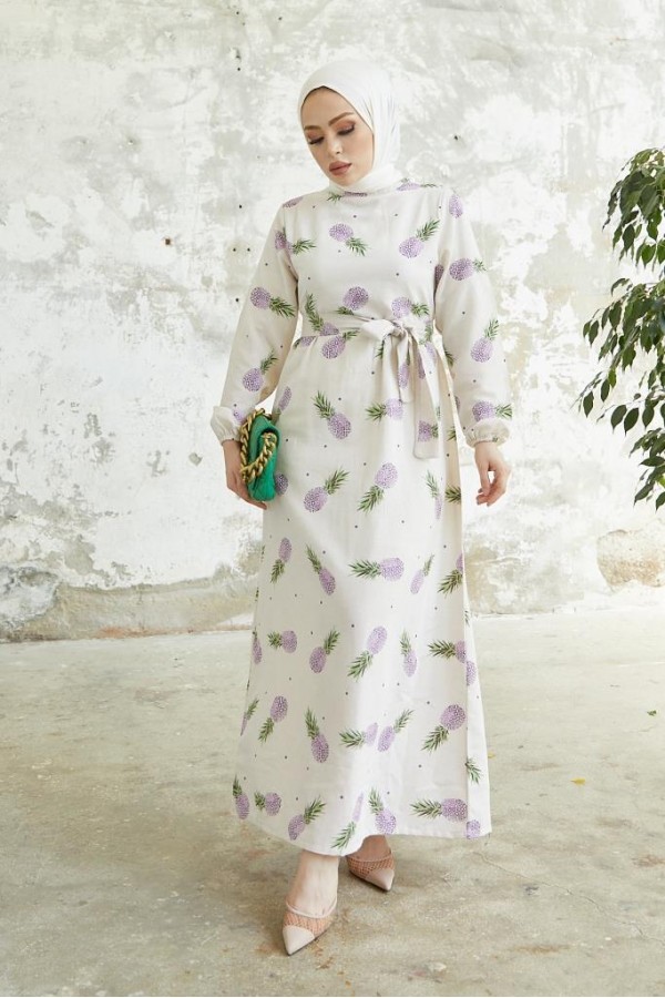  Desenli Keten Tesettür Elbise Lila 2515