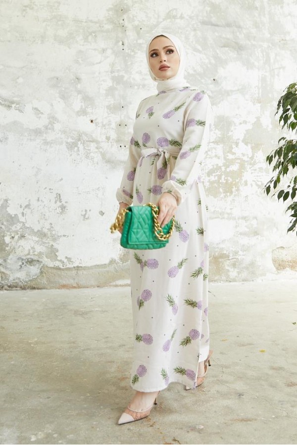  Desenli Keten Tesettür Elbise Lila 2515
