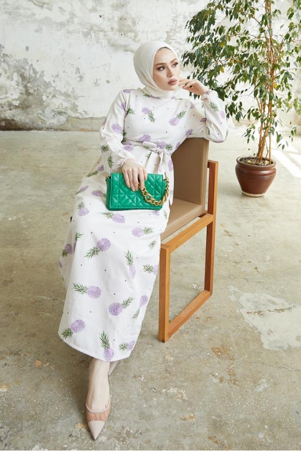  Desenli Keten Tesettür Elbise Lila 2515