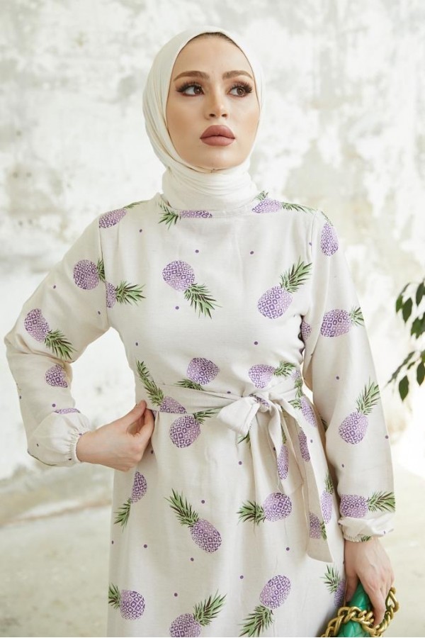  Desenli Keten Tesettür Elbise Lila 2515