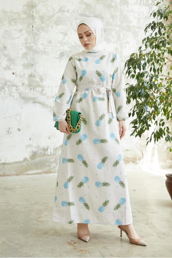 Desenli Keten Tesettür Elbise Mavi 2515 Desenli Keten Tesettür Elbise Mavi 2515