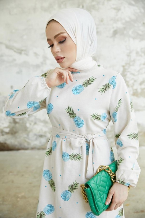 Desenli Keten Tesettür Elbise Mavi 2515 Desenli Keten Tesettür Elbise Mavi 2515