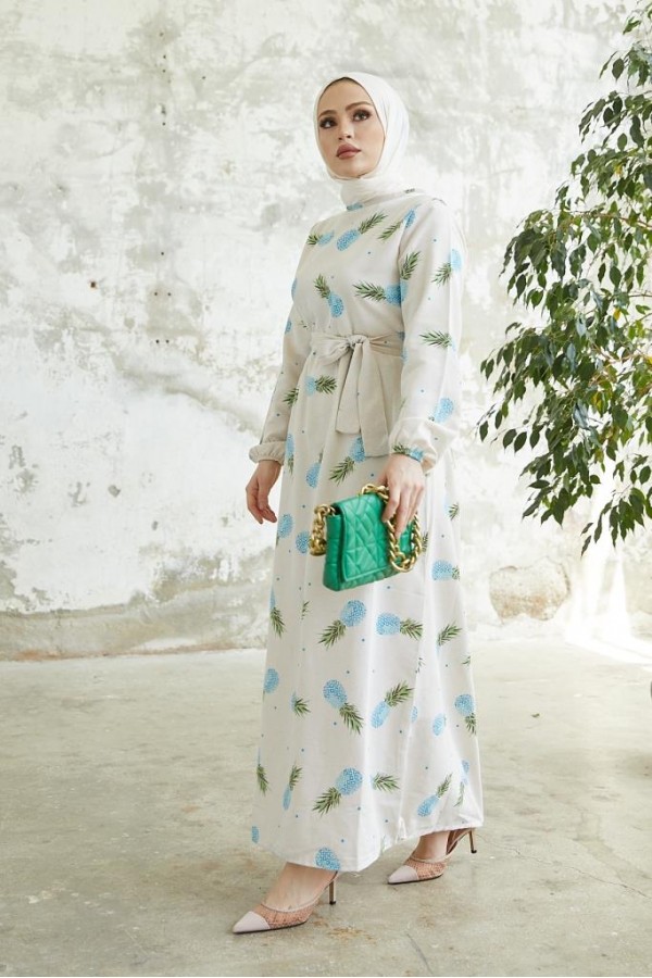 Desenli Keten Tesettür Elbise Mavi 2515 Desenli Keten Tesettür Elbise Mavi 2515