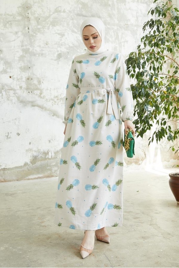 Desenli Keten Tesettür Elbise Mavi 2515 Desenli Keten Tesettür Elbise Mavi 2515