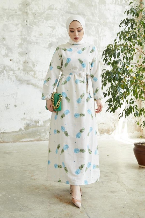 Desenli Keten Tesettür Elbise Mavi 2515 Desenli Keten Tesettür Elbise Mavi 2515