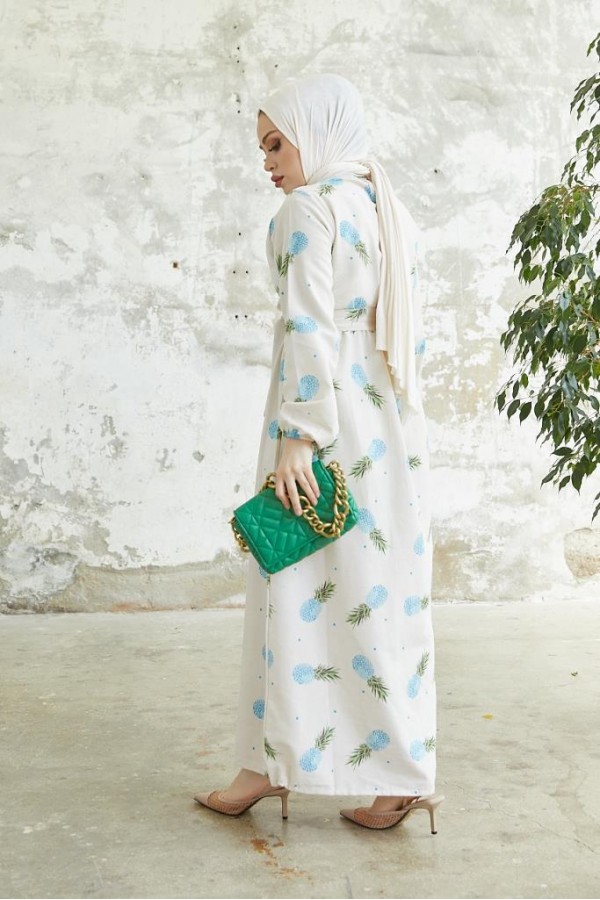 Desenli Keten Tesettür Elbise Mavi 2515 Desenli Keten Tesettür Elbise Mavi 2515