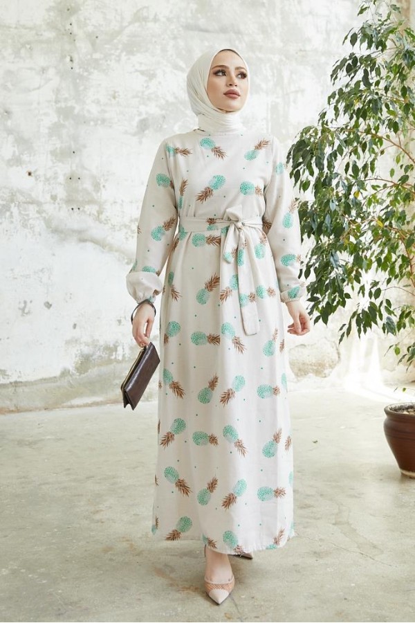  Desenli Keten Tesettür Elbise Mint 2515