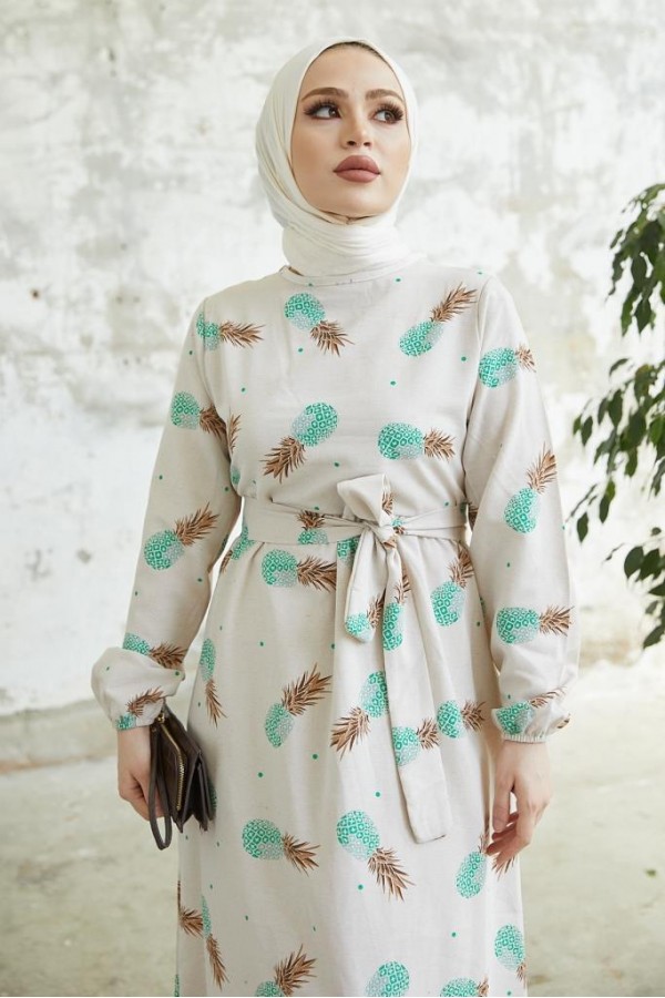  Desenli Keten Tesettür Elbise Mint 2515