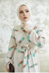  Desenli Keten Tesettür Elbise Mint 2515