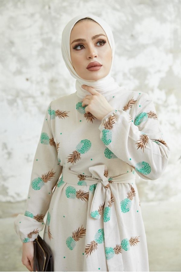  Desenli Keten Tesettür Elbise Mint 2515