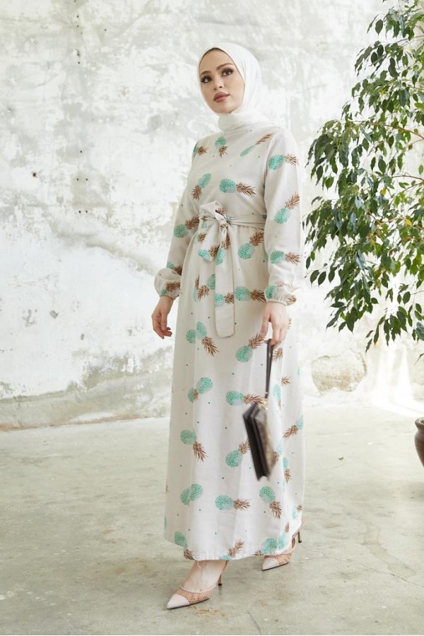  Desenli Keten Tesettür Elbise Mint 2515
