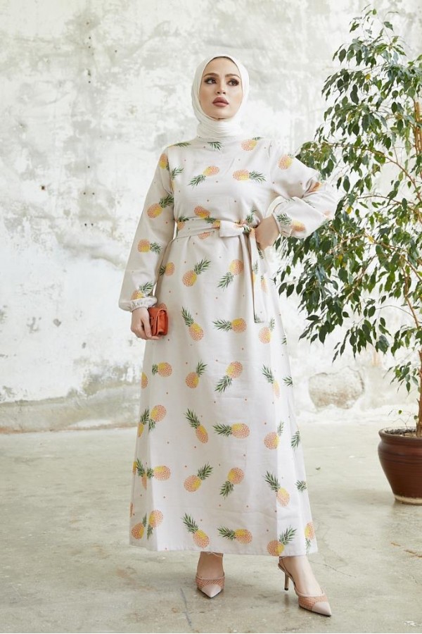 Desenli Keten Tesettür Elbise Somon 2515 Desenli Keten Tesettür Elbise Somon 2515