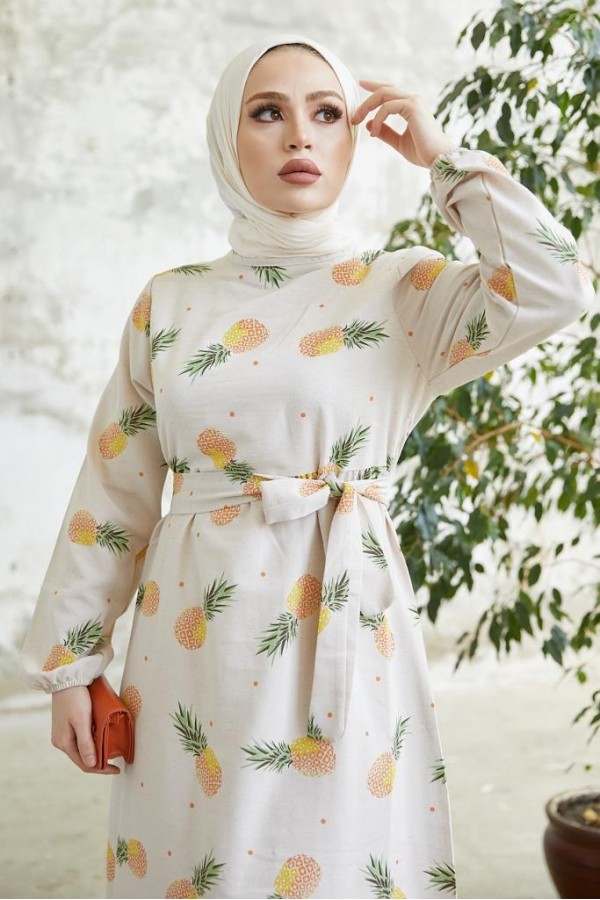 Desenli Keten Tesettür Elbise Somon 2515 Desenli Keten Tesettür Elbise Somon 2515