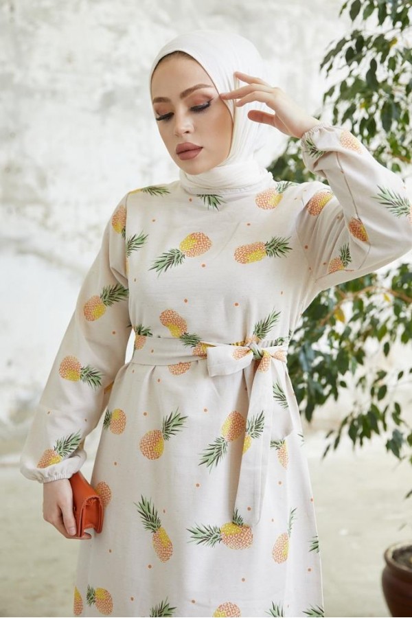 Desenli Keten Tesettür Elbise Somon 2515 Desenli Keten Tesettür Elbise Somon 2515