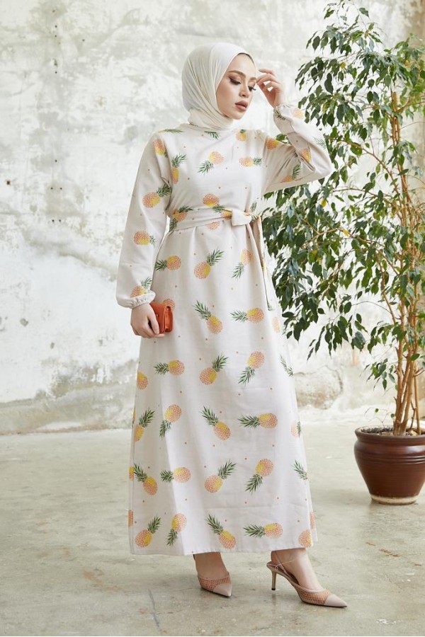 Desenli Keten Tesettür Elbise Somon 2515 Desenli Keten Tesettür Elbise Somon 2515