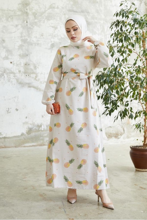 Desenli Keten Tesettür Elbise Somon 2515 Desenli Keten Tesettür Elbise Somon 2515