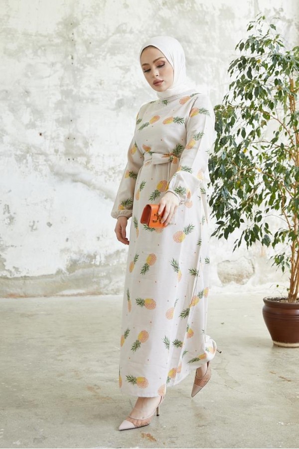 Desenli Keten Tesettür Elbise Somon 2515 Desenli Keten Tesettür Elbise Somon 2515