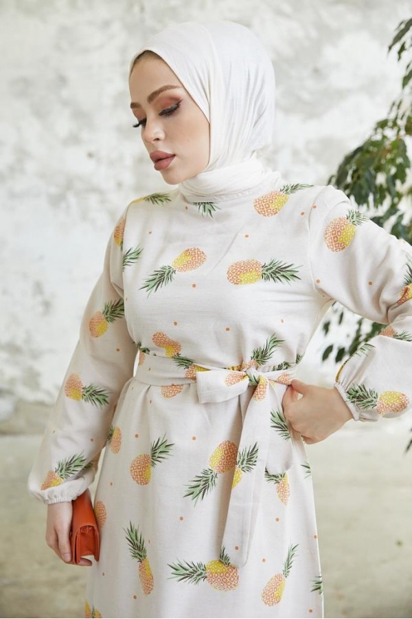 Desenli Keten Tesettür Elbise Somon 2515 Desenli Keten Tesettür Elbise Somon 2515