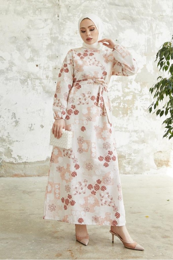 Desenli Keten Tesettür Elbise Gül Kurusu 2519 Desenli Keten Tesettür Elbise Gül Kurusu 2519