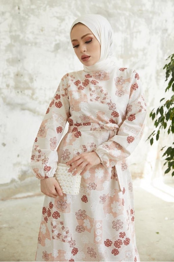 Desenli Keten Tesettür Elbise Gül Kurusu 2519 Desenli Keten Tesettür Elbise Gül Kurusu 2519