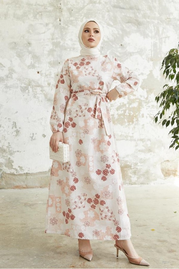 Desenli Keten Tesettür Elbise Gül Kurusu 2519 Desenli Keten Tesettür Elbise Gül Kurusu 2519