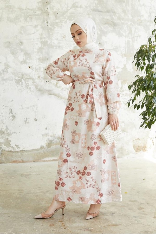 Desenli Keten Tesettür Elbise Gül Kurusu 2519 Desenli Keten Tesettür Elbise Gül Kurusu 2519