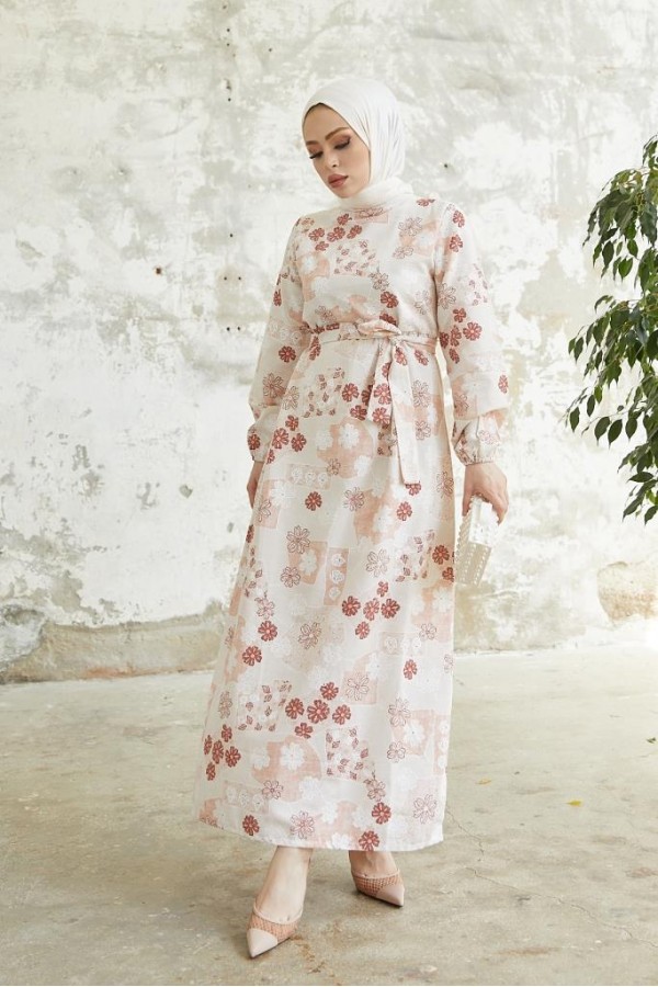 Desenli Keten Tesettür Elbise Gül Kurusu 2519 Desenli Keten Tesettür Elbise Gül Kurusu 2519