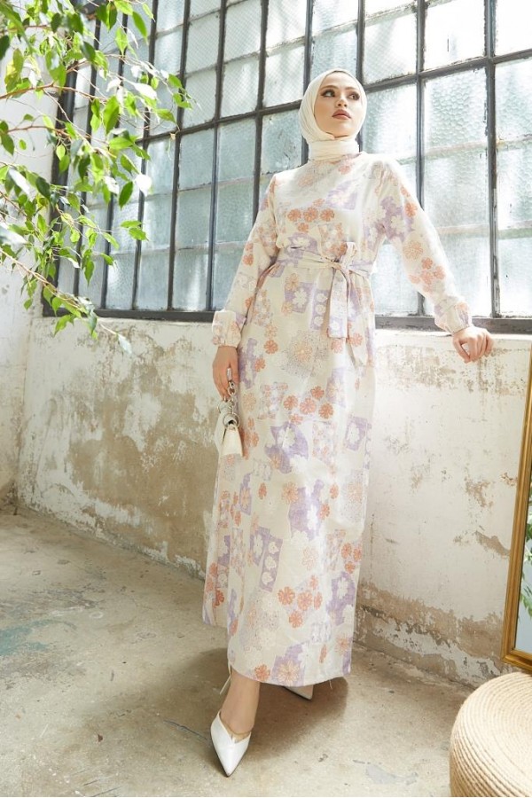  Desenli Keten Tesettür Elbise Lila 2519