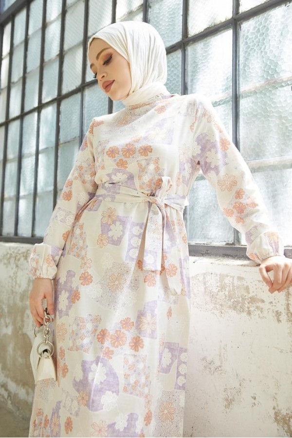  Desenli Keten Tesettür Elbise Lila 2519
