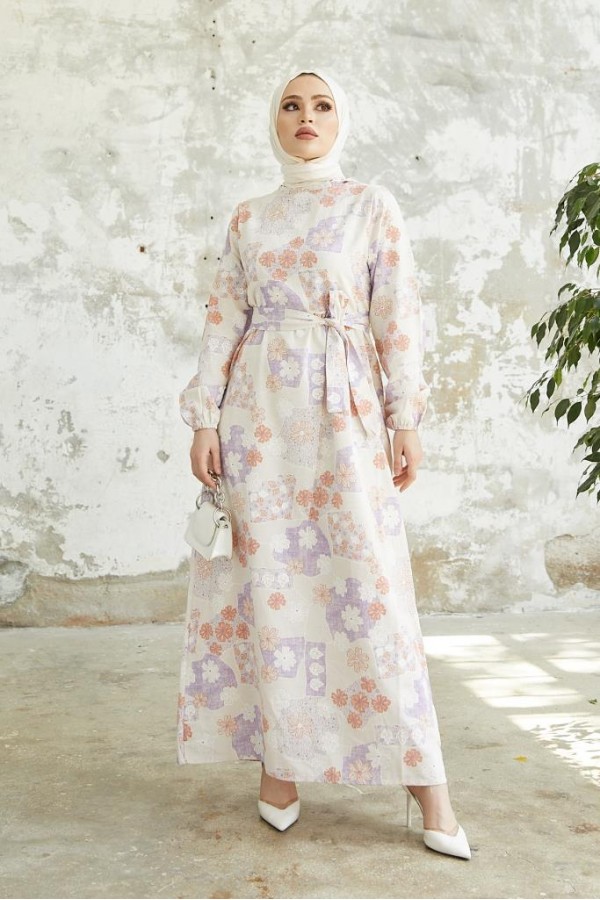  Desenli Keten Tesettür Elbise Lila 2519