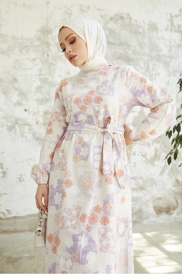  Desenli Keten Tesettür Elbise Lila 2519