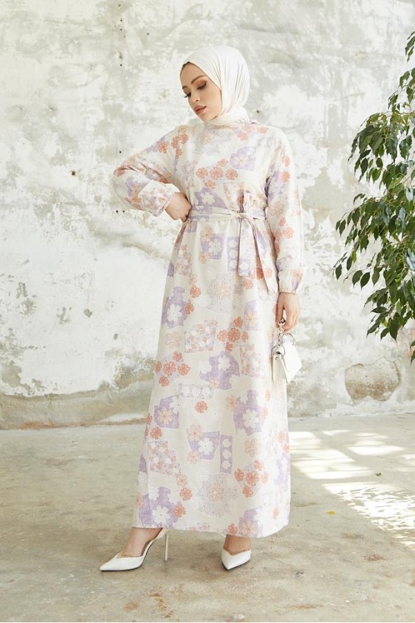  Desenli Keten Tesettür Elbise Lila 2519