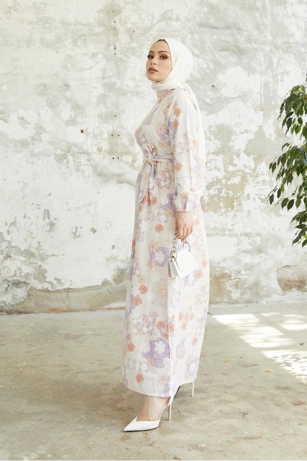  Desenli Keten Tesettür Elbise Lila 2519