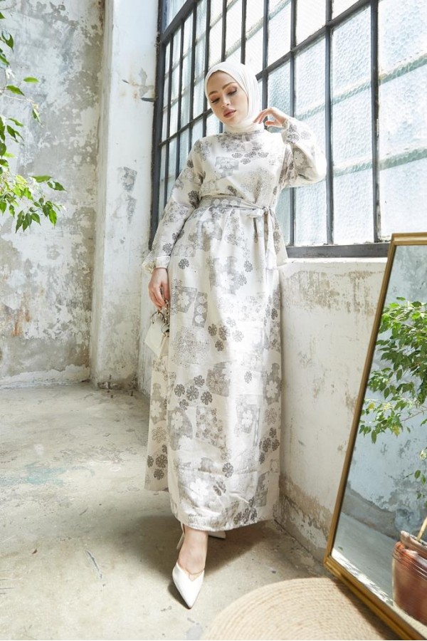  Desenli Keten Tesettür Elbise Siyah 2519