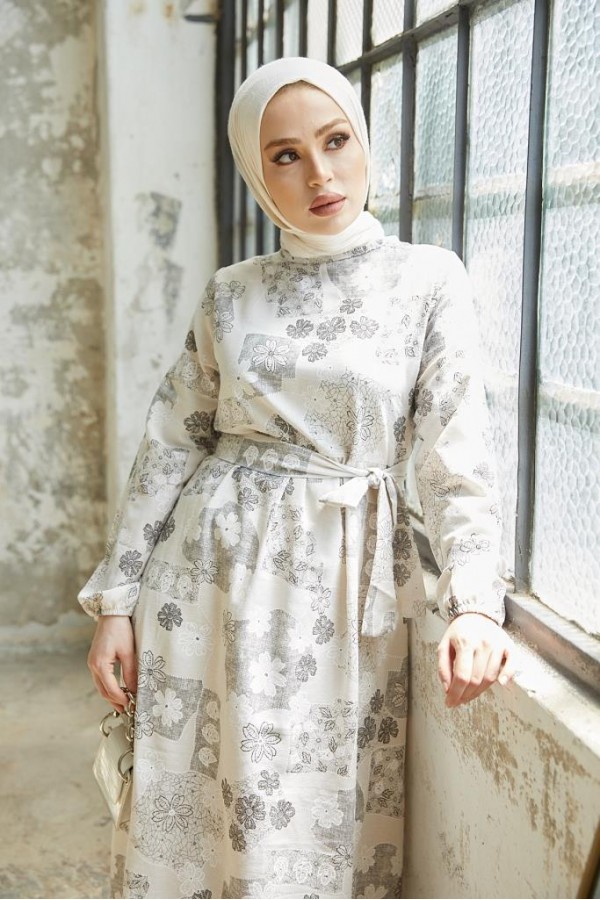  Desenli Keten Tesettür Elbise Siyah 2519